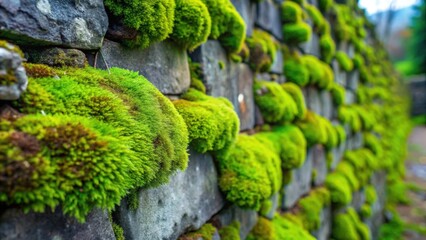 Wall Mural - Green moss growing on an old stone wall , nature, texture, background, environment, organic, growth, outdoors, close-up, flora