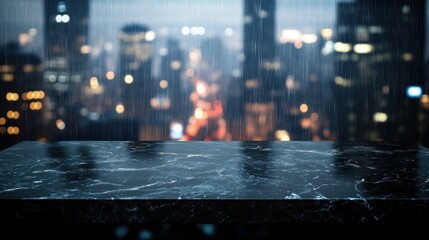 Wall Mural - A dark marble surface in front of a rainy cityscape, creating a moody atmosphere.