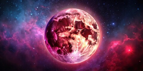 Wall Mural - reddish full moon surrounded by swirling magenta stardust , celestial, night sky, astronomy, moonlig