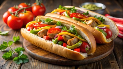 Poster - Chicago style hot dogs with homemade tomato onion and peppers, Chicago, hot dog, street food, fast food