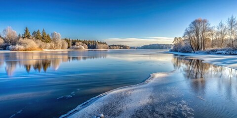 Poster - Crystalline frozen lake on a cold December day, frozen, lake, water, ice, winter, December, cold, chill, reflection,snow