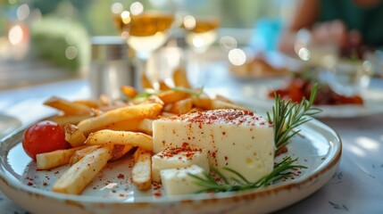 Wall Mural - Plate on a White Table with Cheese and French Fries