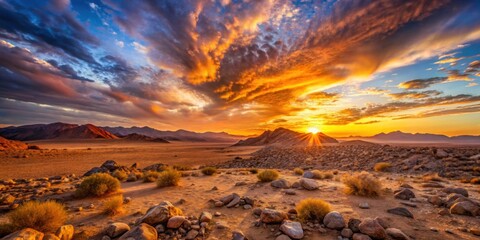 Sticker - Dramatic sunset over barren desert landscape with warm hues contrasting cold rocks, sunset, dramatic, barren, rocky