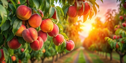 Wall Mural - Ripe red peaches hanging from branches in an orchard at sunset, peaches, ripe, red, fruit, orchard, branches, hanging