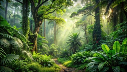 Poster - Thick, vibrant forest scene with lush greenery and diverse vegetation, nature, green, foliage, trees, jungle, vibrant