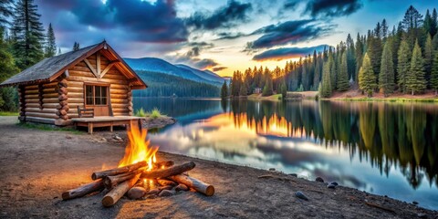 Sticker - Log cabin by lake with campfire in foreground, log cabin, lake, campfire, serene, tranquil, nature, outdoors, wilderness