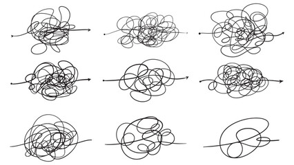 Set of complex messy line as a concept of problem solving. Complicated clew way. Tangled scribble path. Simplifying process. Confused complicated way from difficult to simple step by step process