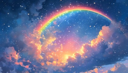 Wall Mural - Dreamy pastel rainbow with fluffy clouds and twinkling stars in a whimsical sky