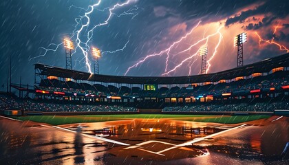 Eerie Baseball Field Illuminated by Striking Lightning During Dramatic Thunderstorm