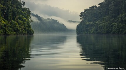 Sticker - Serene Mist-Covered River in the Amazon of Papua