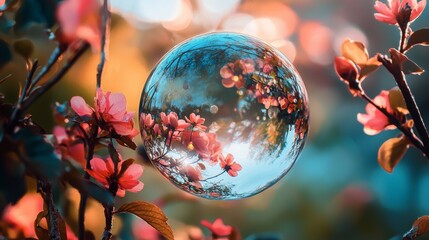 Wall Mural - reflective bubble among pink blossoms in a dreamy garden