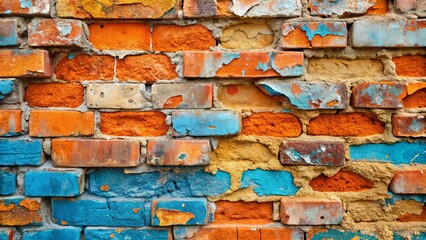 Wall Mural - Close-up of a weathered brick wall with peeling blue and orange paint