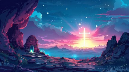 An artistic portrayal of a glowing cross in the sky above the empty tomb with a tranquil landscape in the background cartoon Vector Illustration