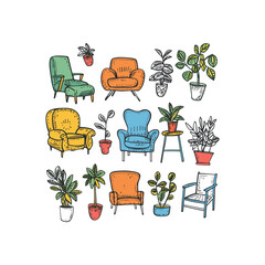 set chairs and home plants hand drawn doodle vector illustration