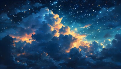 Tranquil night sky filled with stars and majestic glowing clouds, showcasing the vastness of the universe