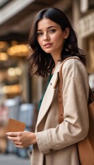 Canvas Print - A woman wearing a tan coat and holding a brown purse