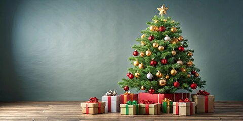 Wall Mural - Christmas gift boxes under a beautifully decorated Christmas tree