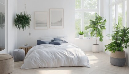 A serene Scandinavian bedroom with white walls and gray bedding, flooded with natural light 3. Generative AI