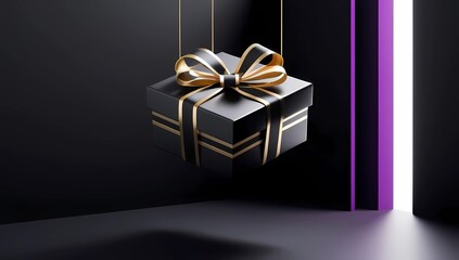 Sleek black gift box with golden accents in a dark setting. The classic color combination adds an upscale and celebratory feel, ideal for luxury branding or festive designs.