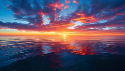 serene sunrise over calm ocean waves with vibrant colors illuminating the sky