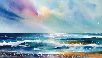 Vibrant Watercolor Seascape with Abstract Marine Elements