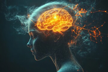 Wall Mural - Digital rendering of a fiery orange brain with neural networks symbolizing advanced cognition artificial intelligence and future possibilities of brain computer interfaces