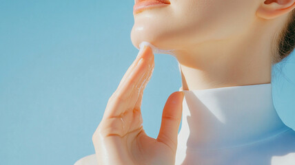 Gentle hand applying sunscreen on neck, bright blue sky in background, showcasing skincare routine and sun protection