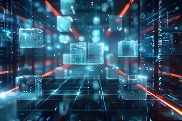 Poster - 3d rendering of server room with data center in cyberspace - Generated AI
