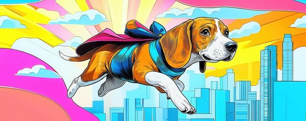 A beagle in a superhero costume dress, flying over a cityscape with a comic book style background, pop art, vibrant colors