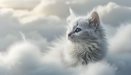 Wall Mural - Serene Dreamscape of Fluffy Clouds and a Whimsical White Kitten