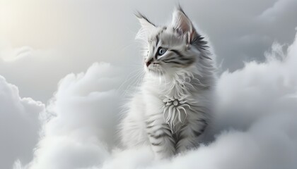 Wall Mural - Serene Dreamscape of Fluffy Clouds and a Whimsical White Kitten