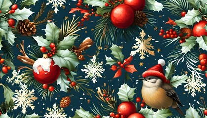 festive Christmas-themed seamless pattern featuring cheerful decorations, snowflakes, and holiday symbols