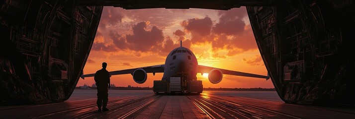 Airplane on Runway at Sunset with Silhouette of Person and Open Aircraft Hangar Doors