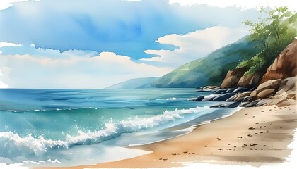 Tranquil Watercolor Beach Scene Embracing Serene Coastal Vibes