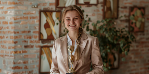 Wall Mural - A smiling young woman in a professional suit holds a trophy, her eyes shining with pride. The image captures the essence of victory and the rewards of dedication in the office environment