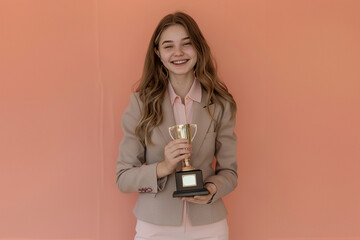 Wall Mural - A smiling young woman in a professional suit holds a trophy, her eyes shining with pride. The image captures the essence of victory and the rewards of dedication in the office environment