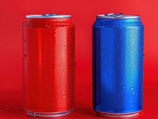 compares two soda brands, symbolized by red and blue cans, highlights their differences in flavor, b