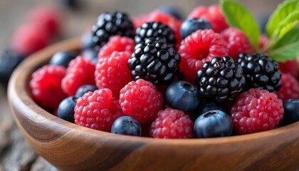 Wall Mural - Assorted Berries in a Rustic Wooden Bowl: Antioxidants for Brain Wellness