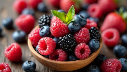 Wall Mural - Colorful Berry Assortment in a Wooden Bowl, Packed with Antioxidants for Brain Boost