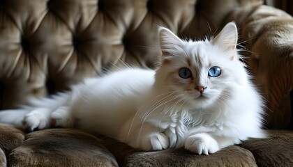 Charming white kitten with blue eyes relaxing on a plush sofa