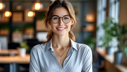 Smiling Young Businesswoman in Casual Attire Posing Confidently in Modern Office Environment with Copy Space for Text