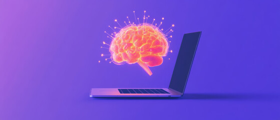 Wall Mural - A vibrant laptop screen displays glowing neural network brain, symbolizing advanced AI technology and innovation. This captivating image evokes curiosity and excitement about future of artificial inte