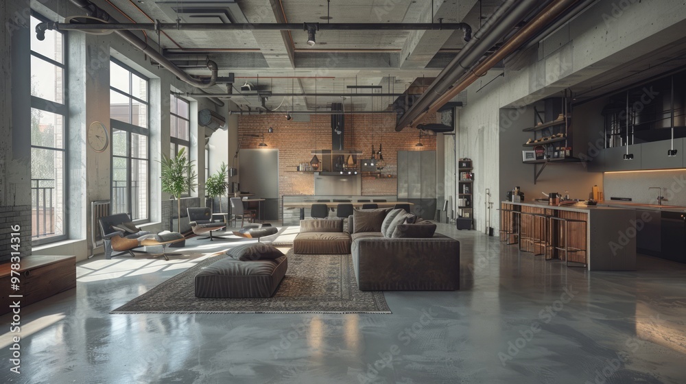 Modern loft with exposed pipes and ducts large open spaces