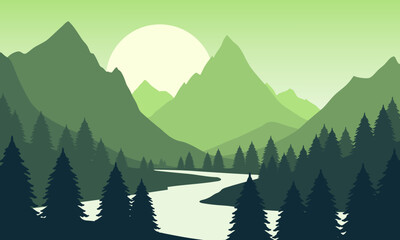 Vector green mountain landscape with clear sky, sunset behind the mountains and silhouettes of trees and calm lake water