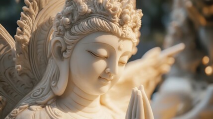 Wall Mural - Intricate details of a marble spiritual statue with a soft glow, symbolizing peace and divinity.