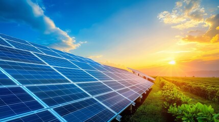 Wall Mural - Solar power station with multiple solar panels absorbing sunlight during a clear day, highlighting the efficiency of renewable energy systems, surrounded by lush green fields, with copy space for text