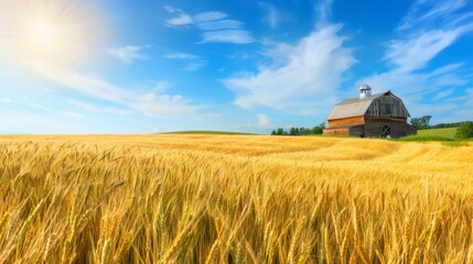 quaint countryside scene with a rustic barn, rolling fields of golden wheat, and a bright summer sky, evoking a sense of peace and simplicity, with ample copy space for text