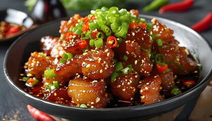 Savory crunchy pork drizzled with zesty spicy soy sauce for an irresistible culinary experience