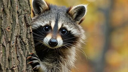 Wall Mural - Curious Raccoon in Autumn Splendor: A playful raccoon peeks from behind a tree in a vibrant autumn forest. 