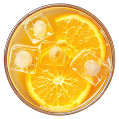 Glass of cold orange juice with ice and bubble top view isolated on transparent white background, clipping path